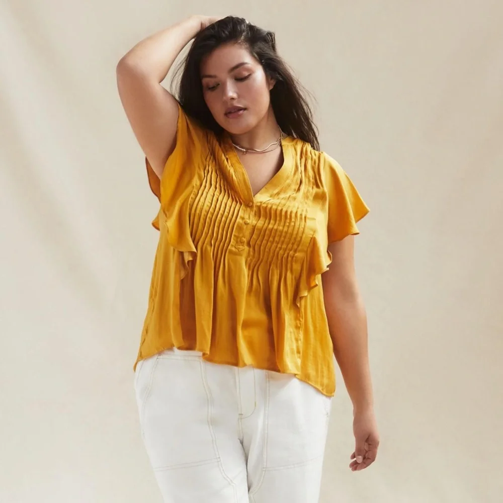 ✨ Anthropologie Ruffled Pintucked Blouse Sz MP - Picture 7 of 8